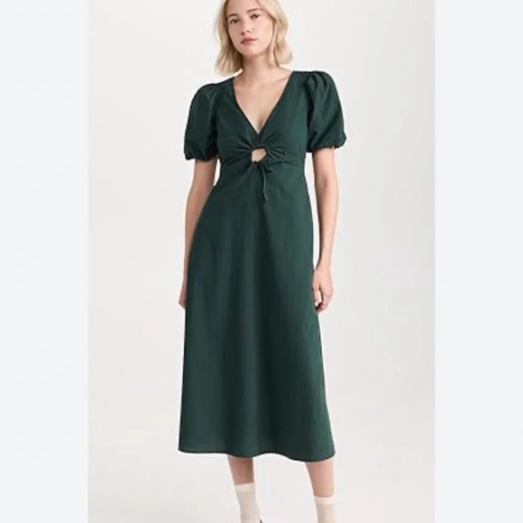 Madewell Cutout Puff Sleeve Poplin Midi Dress - Dark Palm Size 0 - Picture 2 of 5